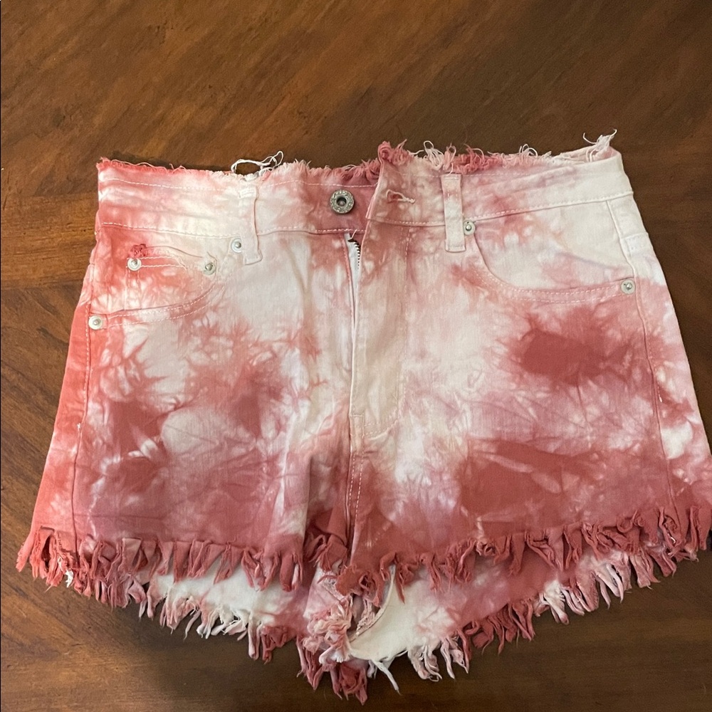 POL Pink Tie-Dye Frayed Jean Shorts